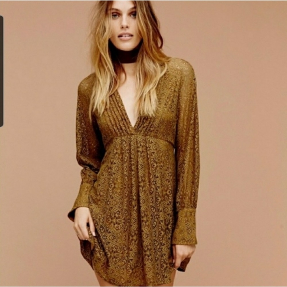 FREE PEOPLE - Uptown Lace mini dress, Bronze, Size 4